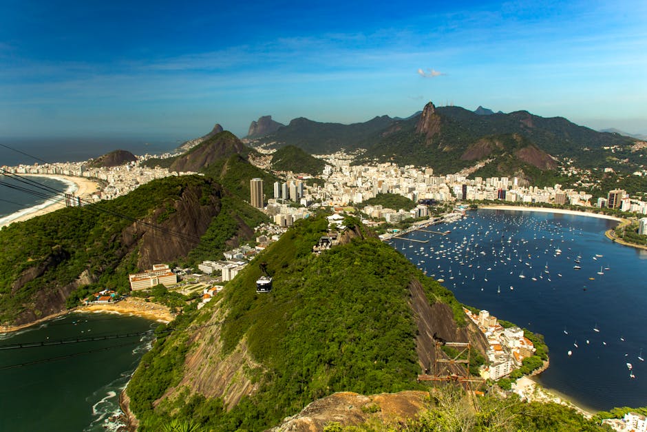 A breathtaking aerial view of Rio de Janeiro showcasing Sugarloaf Mountain and the city's coastline